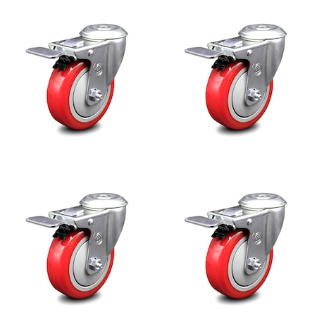 Service Caster 4 Inch Red Polyurethane Swivel Bolt Hole Caster Set with Total Lock Brake SCC SCC-BHTTL20S414-PPUB-RED-4